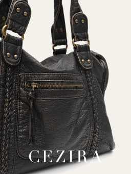 Vintage Washed PU Leather Large Capacity Tote Zip Pockets Braid Decor Shoulder Cross body Bag Unisex Women Daily Travel Handbag