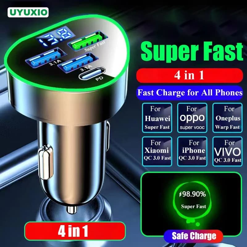 UYUXIO USB C Car Phone Charger Super Fast Charge in Car with LED Voltage Display for iPhone Samsung Huawei Oneplus Android Phone
