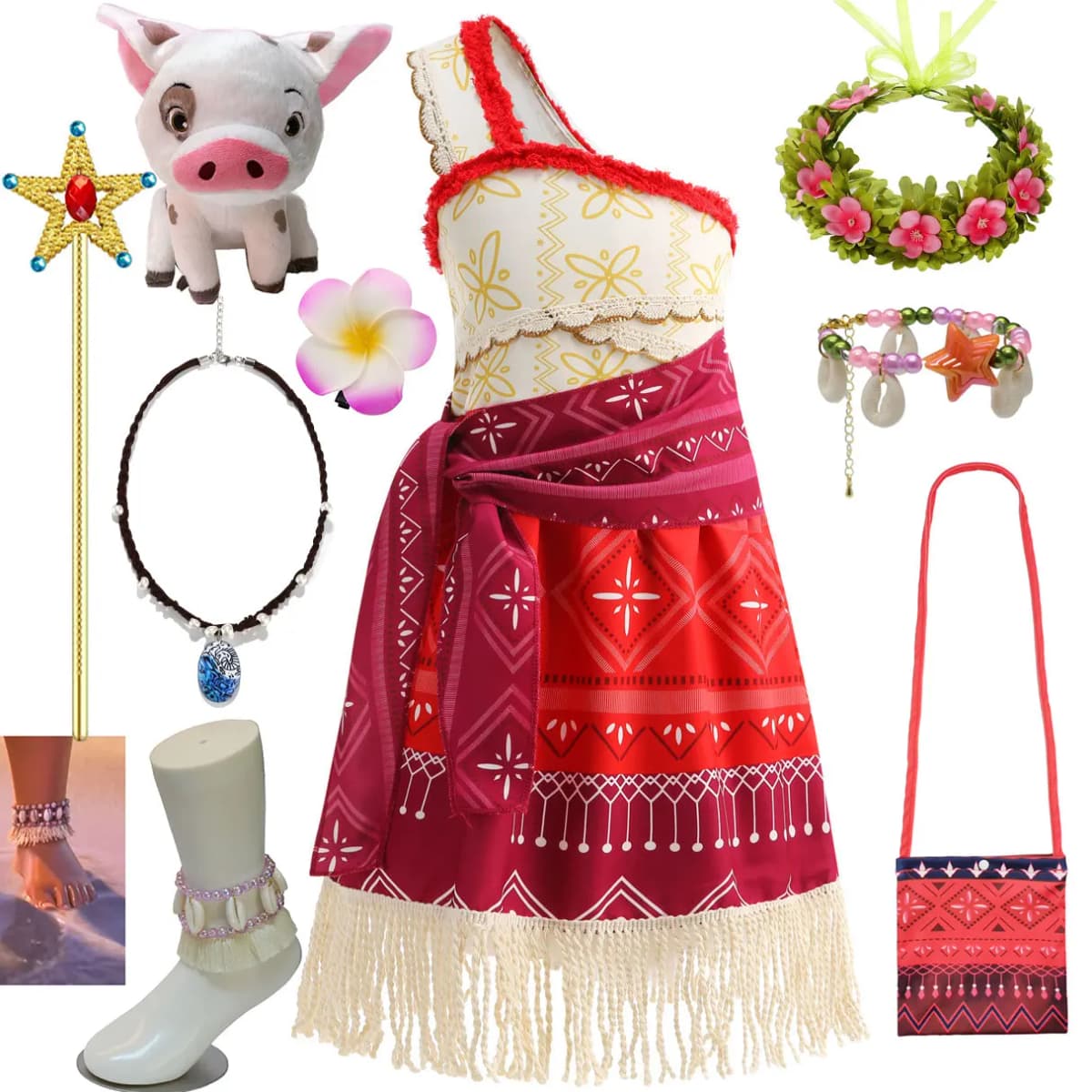Halloween One-Shoulder Moana Girl Plays Cute Princess Sleeveless Clothing Plus Accessories Set Beach Family Party Birthday Gift