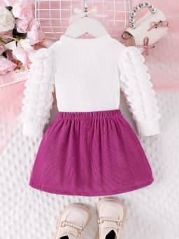 2PCS  Autumn New Style For Girls 1-3 Years Old, Comfortable And Sweet Bubble Sleeve Love Badge Top + Short Skirt Set