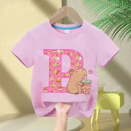 Kawaii Capybara T-shirt Girls New Anime Capibara Summer Tees Kids Letter A-Z Cute Short Sleeve Casual Tops Children Clothes Gift