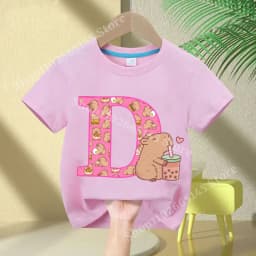 Kawaii Capybara T-shirt Girls New Anime Capibara Summer Tees Kids Letter A-Z Cute Short Sleeve Casual Tops Children Clothes Gift