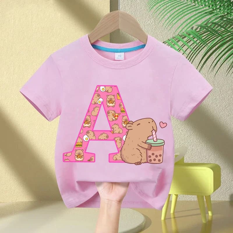 Kawaii Capybara T-shirt Girls New Anime Capibara Summer Tees Kids Letter A-Z Cute Short Sleeve Casual Tops Children Clothes Gift