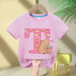 Kawaii Capybara T-shirt Girls New Anime Capibara Summer Tees Kids Letter A-Z Cute Short Sleeve Casual Tops Children Clothes Gift