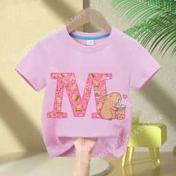 Kawaii Capybara T-shirt Girls New Anime Capibara Summer Tees Kids Letter A-Z Cute Short Sleeve Casual Tops Children Clothes Gift
