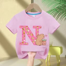 Kawaii Capybara T-shirt Girls New Anime Capibara Summer Tees Kids Letter A-Z Cute Short Sleeve Casual Tops Children Clothes Gift
