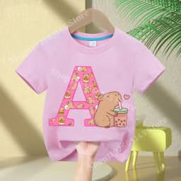 Kawaii Capybara T-shirt Girls New Anime Capibara Summer Tees Kids Letter A-Z Cute Short Sleeve Casual Tops Children Clothes Gift