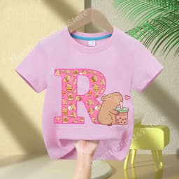Kawaii Capybara T-shirt Girls New Anime Capibara Summer Tees Kids Letter A-Z Cute Short Sleeve Casual Tops Children Clothes Gift