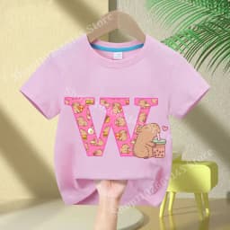 Kawaii Capybara T-shirt Girls New Anime Capibara Summer Tees Kids Letter A-Z Cute Short Sleeve Casual Tops Children Clothes Gift