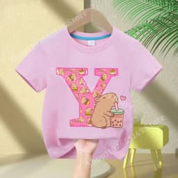 Kawaii Capybara T-shirt Girls New Anime Capibara Summer Tees Kids Letter A-Z Cute Short Sleeve Casual Tops Children Clothes Gift