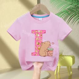 Kawaii Capybara T-shirt Girls New Anime Capibara Summer Tees Kids Letter A-Z Cute Short Sleeve Casual Tops Children Clothes Gift