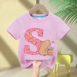Kawaii Capybara T-shirt Girls New Anime Capibara Summer Tees Kids Letter A-Z Cute Short Sleeve Casual Tops Children Clothes Gift