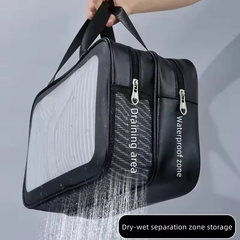 Double Transparent PU Dry-Wet Separation Makeup Bag, Portable Cosmetic Storage Bag for Travel, Fitness & Swimming