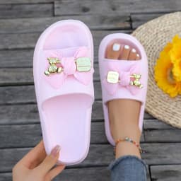 Summer Women Slip-On Slippers Adorable Metallic Bear Bow Decor Slides Vacation Beach Walks Shower Versatile Multi-Color Sandals