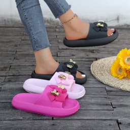 Summer Women Slip-On Slippers Adorable Metallic Bear Bow Decor Slides Vacation Beach Walks Shower Versatile Multi-Color Sandals
