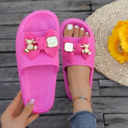 Summer Women Slip-On Slippers Adorable Metallic Bear Bow Decor Slides Vacation Beach Walks Shower Versatile Multi-Color Sandals