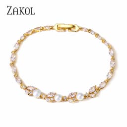 ZAKOL New Classic Leaf Zircon Imitation Pearl Charm Bracelets for Women Wedding Bride Bracelet Female Stylish Jewelry