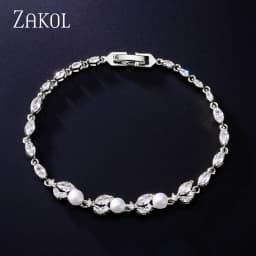 ZAKOL New Classic Leaf Zircon Imitation Pearl Charm Bracelets for Women Wedding Bride Bracelet Female Stylish Jewelry