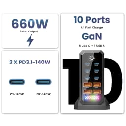 660W GaN USB C Charger Station 10 Port Fast Charger Type C PD3.1 PD3.0 PPS Quick Charger For Macbook Pro iPad iPhone 16 Samsung