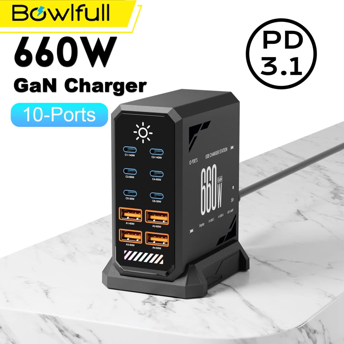 660W GaN USB C Charger Station 10 Port Fast Charger Type C PD3.1 PD3.0 PPS Quick Charger For Macbook Pro iPad iPhone 16 Samsung