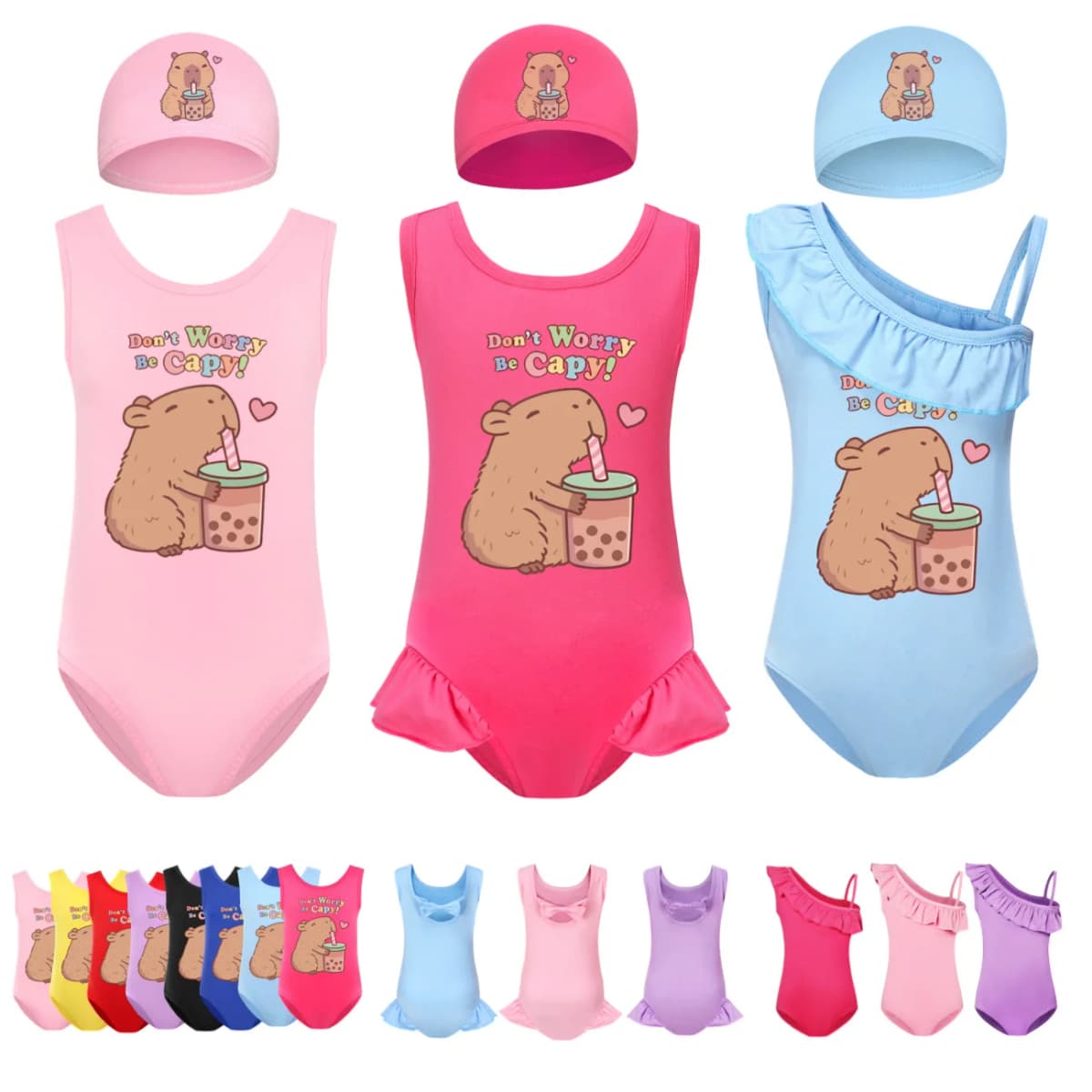 Cute Capybara Loves Bubble Tea Clothes Kids Summer Swimwear Baby Girls One Piece Swimsuit & Cap Children Vacation Bikini Suits