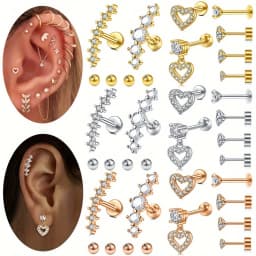 Stainless Steel 12pcs/set Cartilage Stud Earrings - Replaceable Ball Piercing Jewelry Accessories Set - Valentine's Day Gift