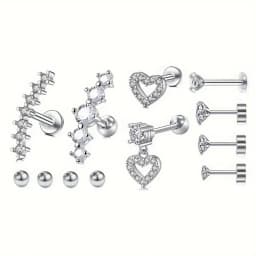 Stainless Steel 12pcs/set Cartilage Stud Earrings - Replaceable Ball Piercing Jewelry Accessories Set - Valentine's Day Gift