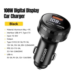 Essager 108W 3Ports USB Car Charger Digital Dispaly PD3.0 Fast Charging Quick Charge 3.0 Adapter for iPhone 16 15 Xiaomi Samsung