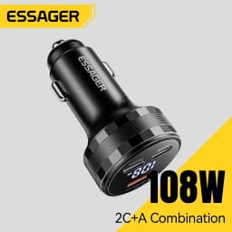 Essager 108W 3Ports USB Car Charger Digital Dispaly PD3.0 Fast Charging Quick Charge 3.0 Adapter for iPhone 16 15 Xiaomi Samsung