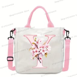 Sakura 26 Letter Canvas Shoulder Bag Aesthetics Alphabet A-Z Crossbody Bags Fashion Large Teenage Boys Girls Tote Handbag Gift