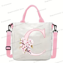 Sakura 26 Letter Canvas Shoulder Bag Aesthetics Alphabet A-Z Crossbody Bags Fashion Large Teenage Boys Girls Tote Handbag Gift