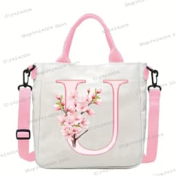 Sakura 26 Letter Canvas Shoulder Bag Aesthetics Alphabet A-Z Crossbody Bags Fashion Large Teenage Boys Girls Tote Handbag Gift