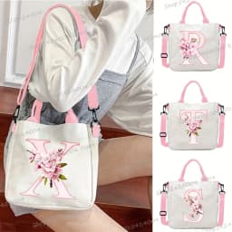 Sakura 26 Letter Canvas Shoulder Bag Aesthetics Alphabet A-Z Crossbody Bags Fashion Large Teenage Boys Girls Tote Handbag Gift