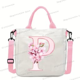 Sakura 26 Letter Canvas Shoulder Bag Aesthetics Alphabet A-Z Crossbody Bags Fashion Large Teenage Boys Girls Tote Handbag Gift