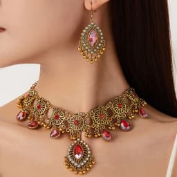 KMVEXO Vintage Dubai Indian Tassel Beads Pendant Jewelry Sets for Women Ethnic Crystal Necklace Earrings African Jewelry Set