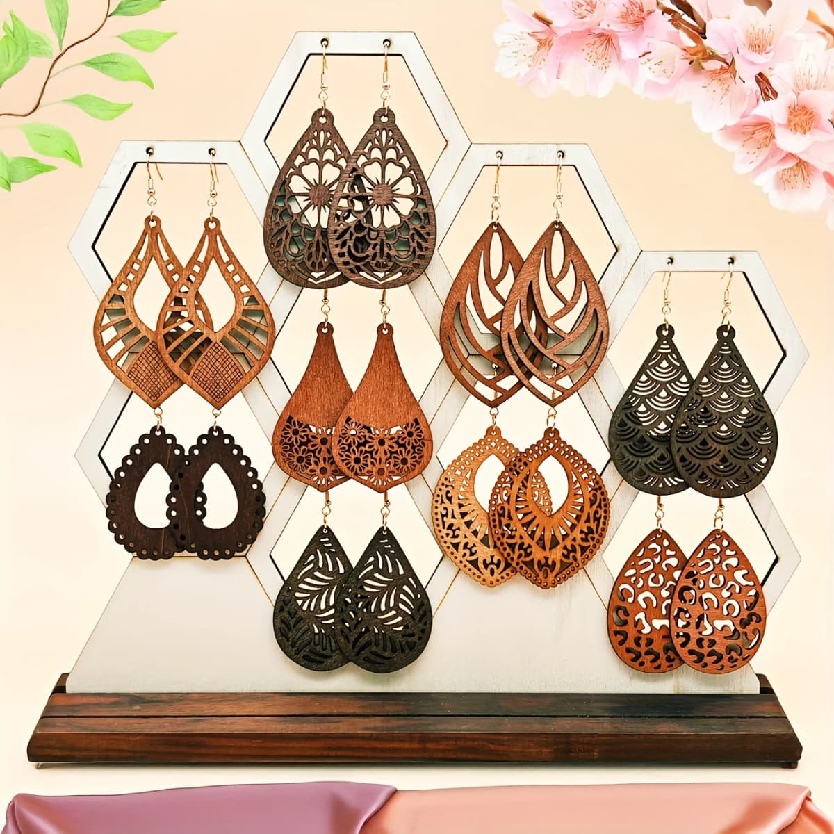 9 Pairs/Set Cut Out Carved Drop-Shaped Wooden Earrings Simple Bohemian Retro Holiday Style Exquisite Gift for Women