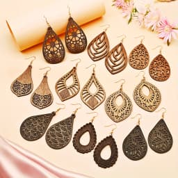 9 Pairs/Set Cut Out Carved Drop-Shaped Wooden Earrings Simple Bohemian Retro Holiday Style Exquisite Gift for Women
