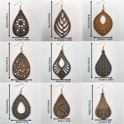 9 Pairs/Set Cut Out Carved Drop-Shaped Wooden Earrings Simple Bohemian Retro Holiday Style Exquisite Gift for Women