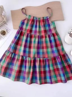 Summer Tropical Style Colorful Checkered Camisole Dress Thin Casual Girls' Clothes 3-7 Years Old Korean Version Daily Wear
