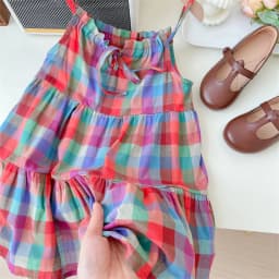 Summer Tropical Style Colorful Checkered Camisole Dress Thin Casual Girls' Clothes 3-7 Years Old Korean Version Daily Wear