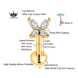 ASTM F136 G23 Titanium Butterfly Insect Threadless Piercing Daith Conch Flat Back Earring Pin Push in Lip Stud 16G 18G 20G