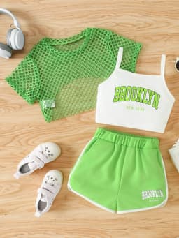 Girls' Three-Piece Outfits New Breathable Summer Thin Fashion Short Sleeve Mesh Top+Letter Print Crop Vest Sling+Letter Print Sport Shorts