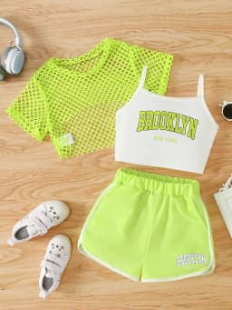 Girls' Three-Piece Outfits New Breathable Summer Thin Fashion Short Sleeve Mesh Top+Letter Print Crop Vest Sling+Letter Print Sport Shorts