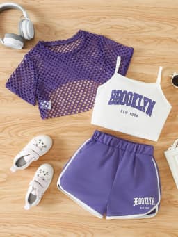Girls' Three-Piece Outfits New Breathable Summer Thin Fashion Short Sleeve Mesh Top+Letter Print Crop Vest Sling+Letter Print Sport Shorts