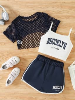 Girls' Three-Piece Outfits New Breathable Summer Thin Fashion Short Sleeve Mesh Top+Letter Print Crop Vest Sling+Letter Print Sport Shorts
