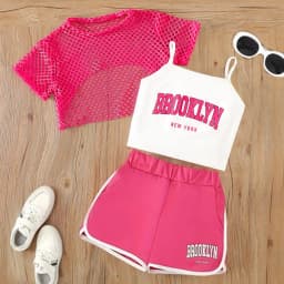 Girls' Three-Piece Outfits New Breathable Summer Thin Fashion Short Sleeve Mesh Top+Letter Print Crop Vest Sling+Letter Print Sport Shorts