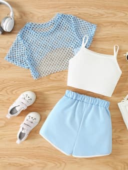 Girls' Three-Piece Outfits New Breathable Summer Thin Fashion Short Sleeve Mesh Top+Letter Print Crop Vest Sling+Letter Print Sport Shorts