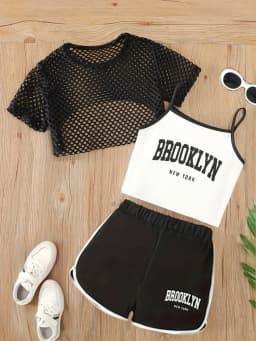 Girls' Three-Piece Outfits New Breathable Summer Thin Fashion Short Sleeve Mesh Top+Letter Print Crop Vest Sling+Letter Print Sport Shorts
