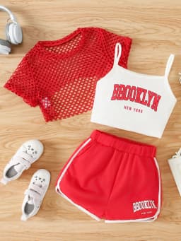 Girls' Three-Piece Outfits New Breathable Summer Thin Fashion Short Sleeve Mesh Top+Letter Print Crop Vest Sling+Letter Print Sport Shorts