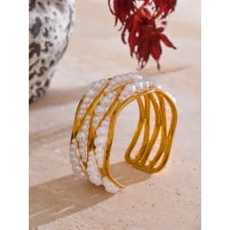 Yhpup 53mm Simulated Pearls Big Cuff Wide Bracelet Bangle 18K PVD Plated Stainless Steel Arrivals Elegance Open Wrist Jewelry